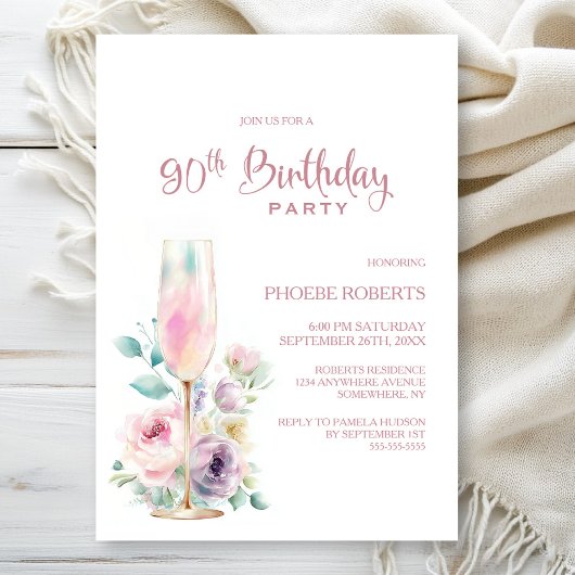 Invitation Pink Champagne Floral 90th Birthday Party