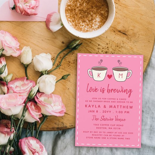 Invitation Pink Charming Coffee Cups Love Is Brewing Shower