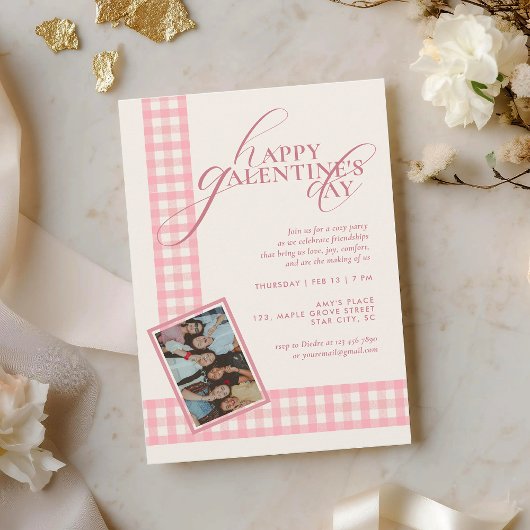 Invitation Pink Check Minimal Elegant Typography Galentine's
