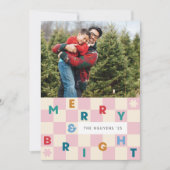 Invitation Pink Checkerboard Merry & Bright Christmas Card (Devant)
