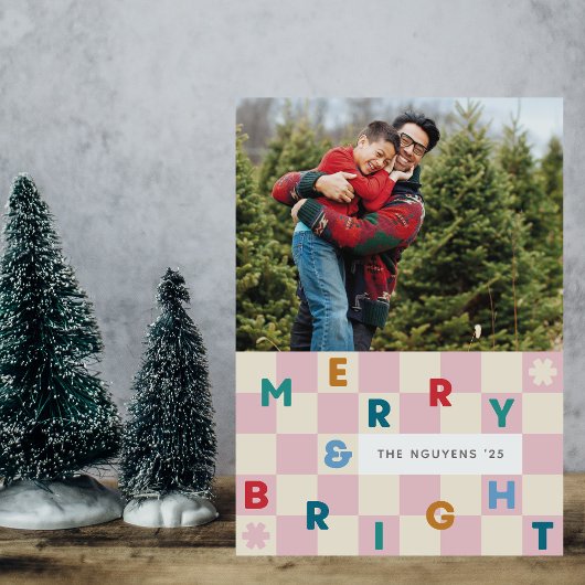 Invitation Pink Checkerboard Merry & Bright Christmas Card