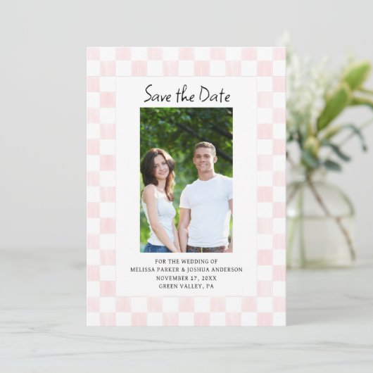 Invitation Pink Checkerboard Photo Save the Date (Debout devant)