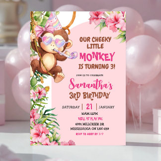 Invitation Pink Cheeky Little Monkey Savannah Theme Birthday
