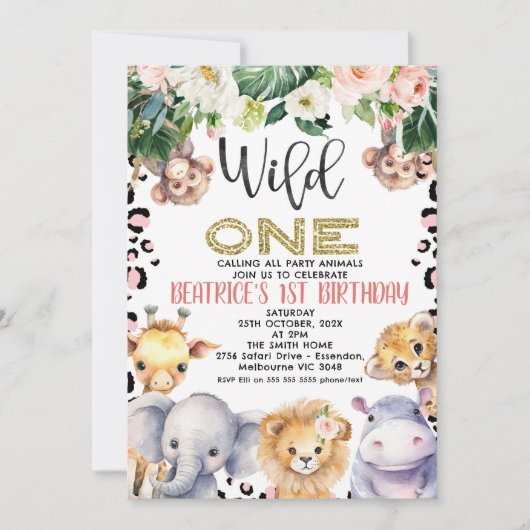 Invitation Pink Cheetah Imprimer Safari Wild One 1er annivers (Devant)