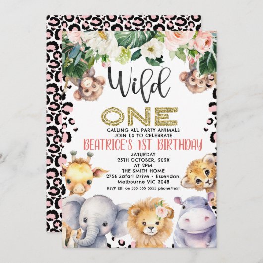 Invitation Pink Cheetah Imprimer Safari Wild One 1er annivers (Devant / Derrière)