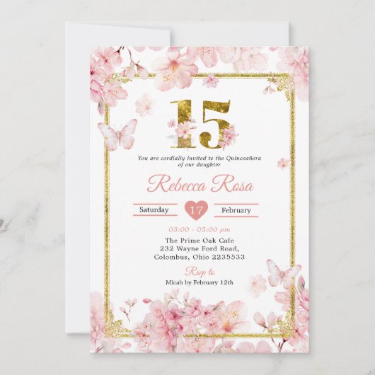 Invitation Pink Cherry Blossom Sakura Gold 15th Quinceañera (Devant)