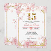 Invitation Pink Cherry Blossom Sakura Gold 15th Quinceañera (Devant / Derrière)