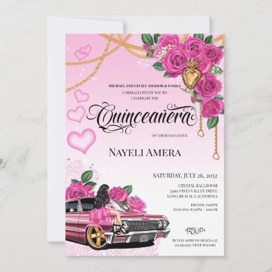 Invitation Pink Chola Lowrider Chicana Quinceanera (Devant)