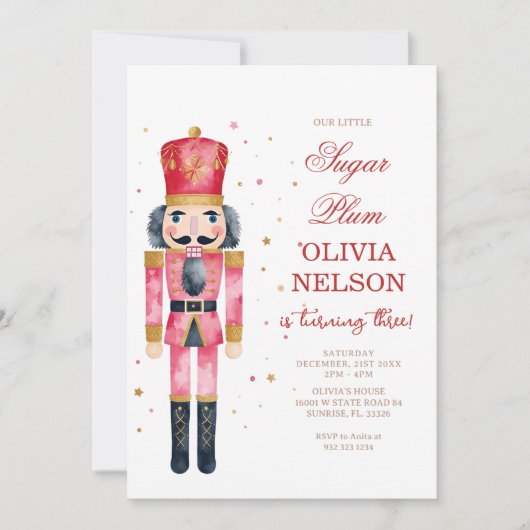 Invitation Pink Christmas Birthday Sugar Plum Fairy (Devant)