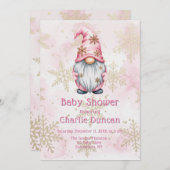 Invitation Pink Christmas Gnome Gold Snowflakes Baby Shower (Devant / Derrière)