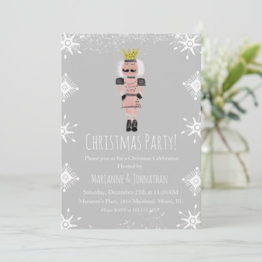 Invitation Pink Christmas Party Nutcracker Snowflakes (Debout devant)