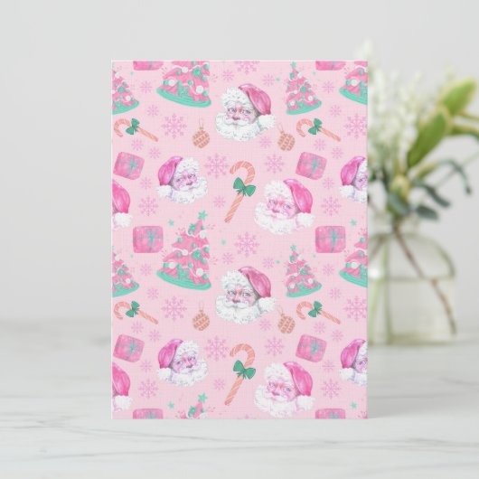 Invitation Pink Christmas Santa Clau & Tree Seamless Pattern (Debout devant)