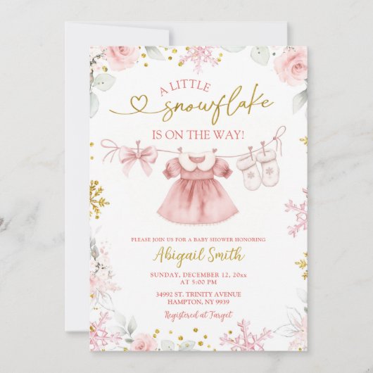 Invitation Pink Christmas Snowflake clothesline Baby Shower (Devant)