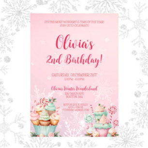 Invitation Pink Christmas Snowflake Cupcake 2e anniversaire