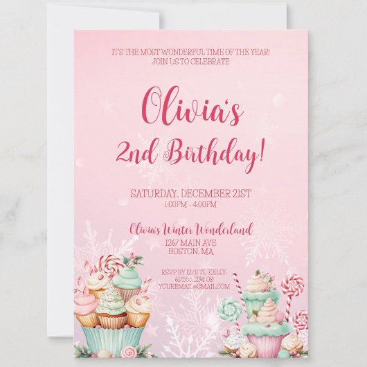 Invitation Pink Christmas Snowflake Cupcake 2e anniversaire