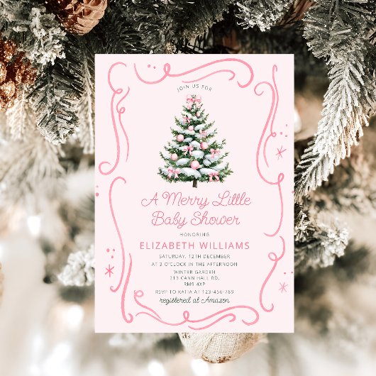 Invitation Pink Christmas Tree A Merry Little Baby Shower