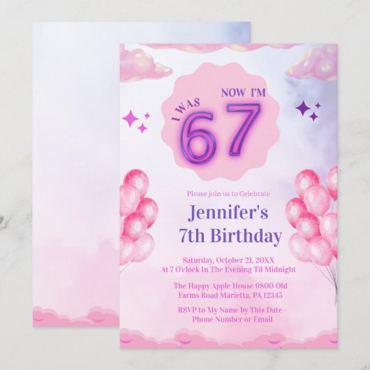 Invitation Pink Cloud “I Was 6 Now I’m 7” Girl Birthday (Devant / Derrière)