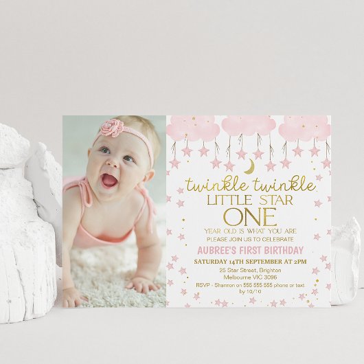 Invitation Pink Cloud Twinkle Twinkle Star Photo 1er annivers