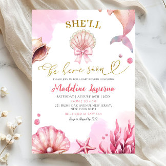 Invitation Pink Coastal She'll Be Here Soon Baby Shower
