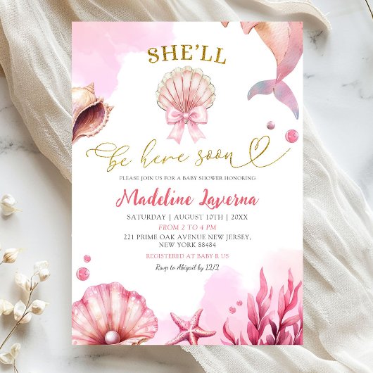 Invitation Pink Coastal She'll Be Here Soon Baby Shower