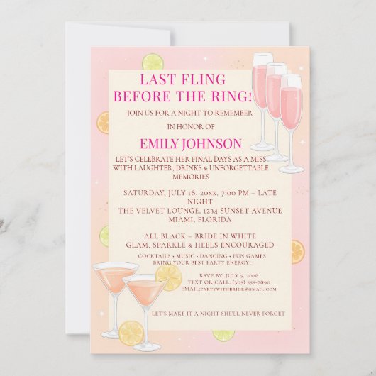 Invitation Pink Cocktail Bachelorette Party (Devant)