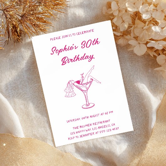 Invitation Pink Cocktail Party 30th Birthday | Retro Martini