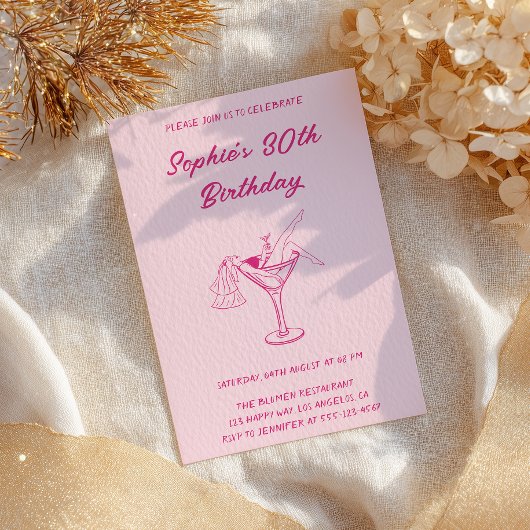 Invitation Pink Cocktail Party 30th Birthday | Retro Martini 