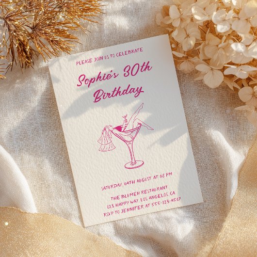 Invitation Pink Cocktail Party 30th Birthday | Retro Martini 
