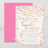 Invitation Pink Confetti Gold Foil Sweet 16 Anniversaire (Devant / Derrière)