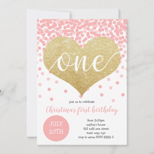 Invitation Pink Confetti Gold Heart ONE Girl First Birthday (Devant)