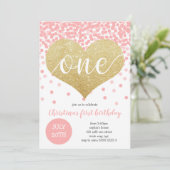 Invitation Pink Confetti Gold Heart ONE Girl First Birthday (Debout devant)