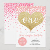 Invitation Pink Confetti Gold Heart ONE Girl First Birthday (Devant / Derrière)