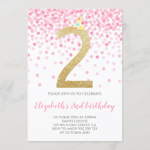Invitation Pink Confetti Party Gold Number Girl 2e anniversai