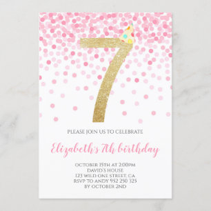 Invitation Pink Confetti Party Gold Number Girl 7e anniversai