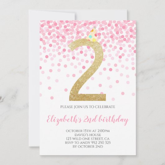 Invitation Pink Confetti Party Gold Numéro Fille 2e anniversa (Devant)