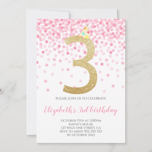 Invitation Pink Confetti Party Gold Numéro Fille 3e anniversa (Devant)