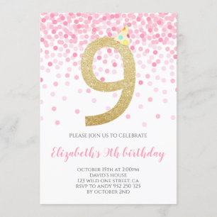 Invitation Pink Confetti Party Gold Numéro Fille 9e anniversa