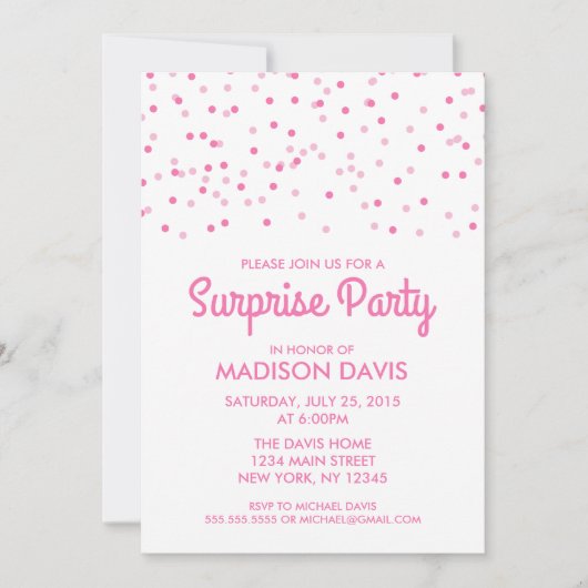 Invitation Pink Confetti Surprise fête d'anniversaire (Devant)