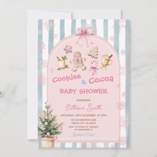 Invitation Pink Cookies and Cocoa Snowflakes Baby Shower  (Devant)