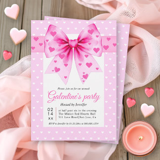 Invitation Pink coquette bow and hearts Galentine's Day party