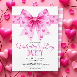 Invitation Pink coquette bow and hearts Valentine's Day party