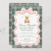 Invitation Pink Coquette Bow Bear Beary First Birthday (Devant / Derrière)