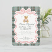 Invitation Pink Coquette Bow Bear Beary First Birthday (Debout devant)