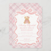 Invitation Pink Coquette Bow Bear Beary First Birthday (Devant / Derrière)
