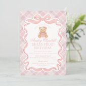 Invitation Pink Coquette Bow Bear Beary First Birthday (Debout devant)