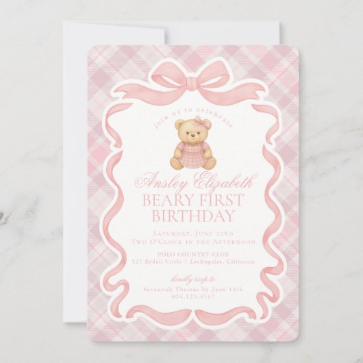 Invitation Pink Coquette Bow Bear Beary First Birthday (Devant)