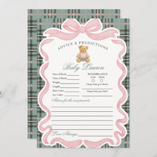 Invitation Pink Coquette Bow Bear Girl Advice for Baby Card (Devant / Derrière)