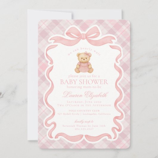 Invitation Pink Coquette Bow Bear Tartan Plaid Baby Shower (Devant)