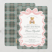 Invitation Pink Coquette Bow Bear Tartan Plaid Baby Shower (Devant / Derrière)