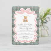 Invitation Pink Coquette Bow Bear Tartan Plaid Baby Shower (Debout devant)